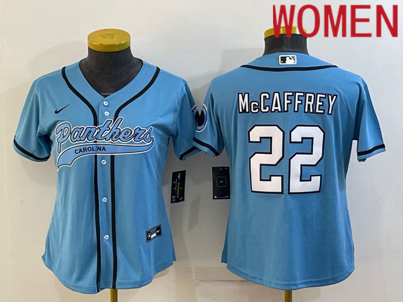 Women Carolina Panthers #22 Mccaffrey Blue 2022 Nike Co branded NFL Jerseys->women nfl jersey->Women Jersey